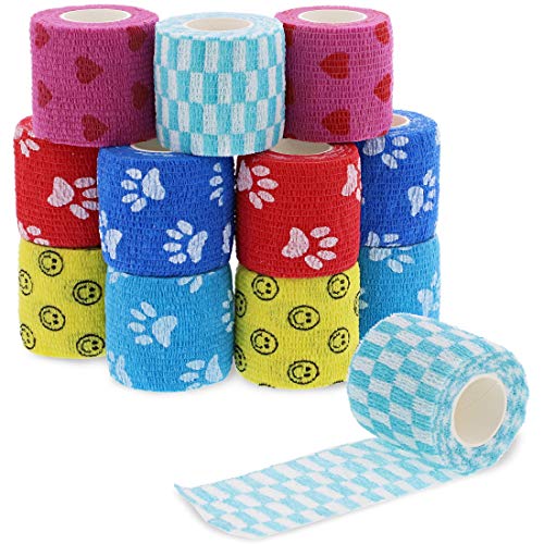 Self Adhesive Bandage Wrap, Cohesive Tape in 6 Colors and Patterns (2 in x 5 Yards, 12-Pack)