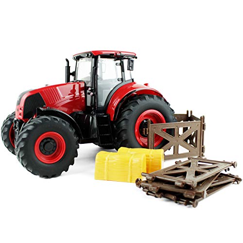 Boley Red Farm Tractor Toy - Farm Tractor Car with Hay Bales and Barn Gates - Lights Up and Makes Sounds