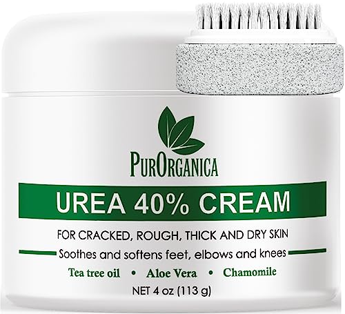 PurOrganica Urea 40% Foot Cream - With Pumice Stone and Brush - Callus Remover - Moisturizes & Rehydrates Thick, Cracked, Rough, Dead & Dry Skin - For Feet, Elbows and Hands - Made in USA