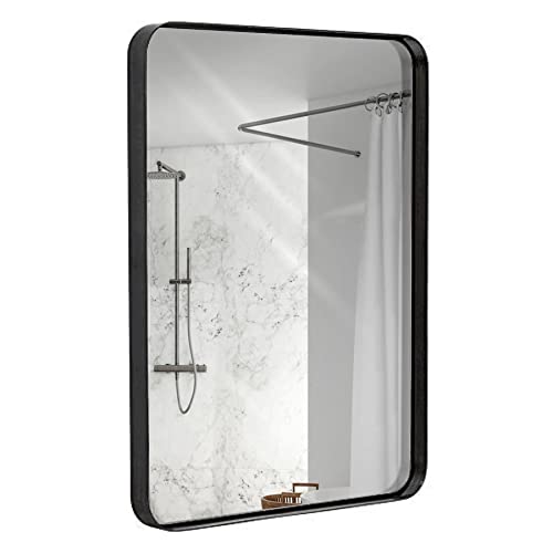 Book Cover Hamilton Hills 22x30 inch Metal Black Frame Mirror for Bathroom | Brushed Rectangular Rounded Corner Vanity | 2