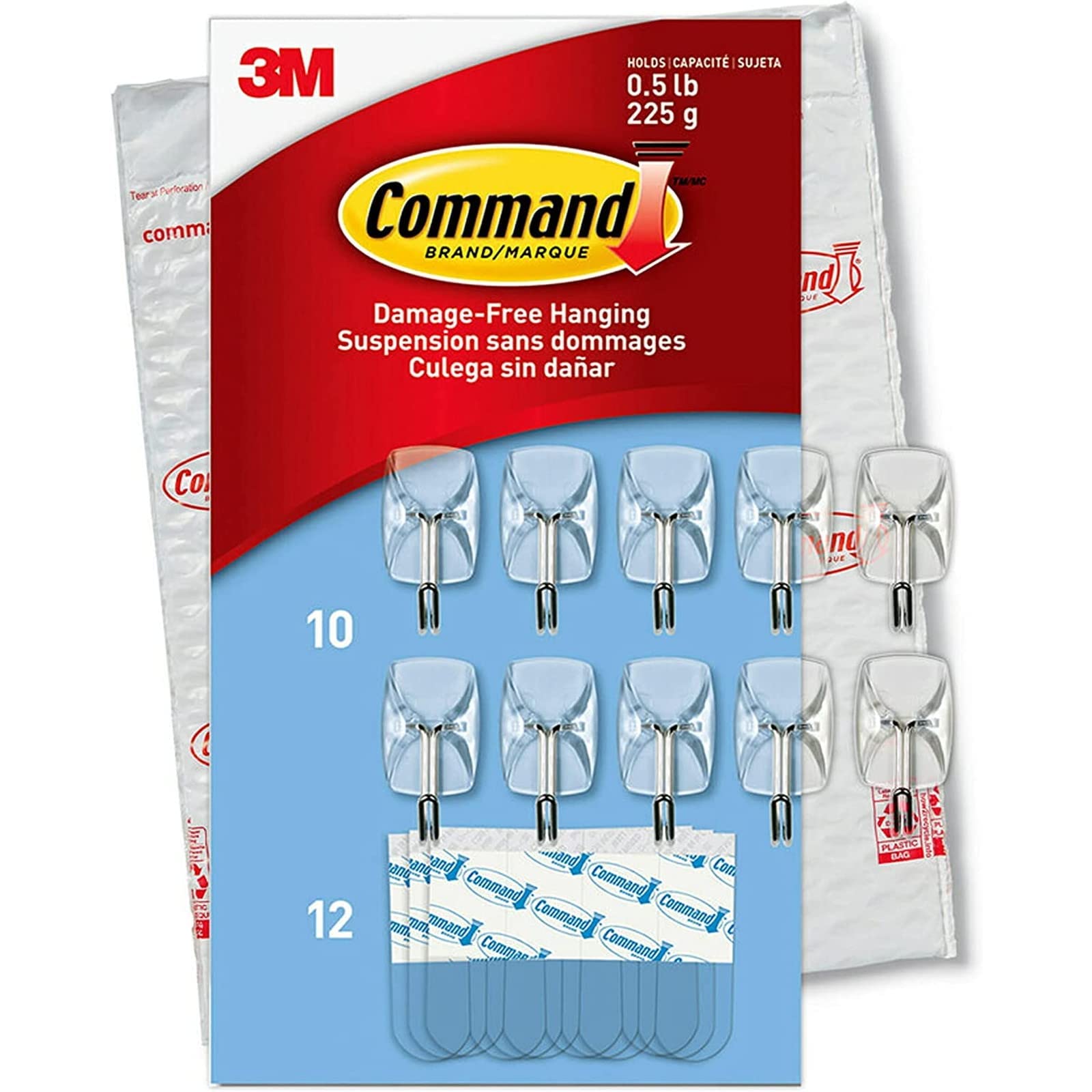 Book Cover Command Small Clear Wire Hooks, 10 Hooks, 12 Strips - Easy to Open Packaging, Organize Damage-Free
