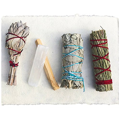 Book Cover Sage Smudge Stick Kit - White Sage, Palo Santo, Mini Sage, Sage and Sweetgrass Smudging Sticks PLUS a Selenite Crystal & How to Guide for Cleansing your Home - Hand tied in California (Selenite)