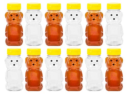 PLASTIC 8 OZ BEAR SQUEEZE HONEY BOTTLE EMPTY WITH YELLOW FLIP-TOP CAPS (12)