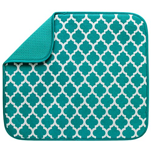 Book Cover S&T INC. Absorbent, Reversible Microfiber Dish Drying Mat for Kitchen, 16 Inch x 18 Inch, Teal Trellis
