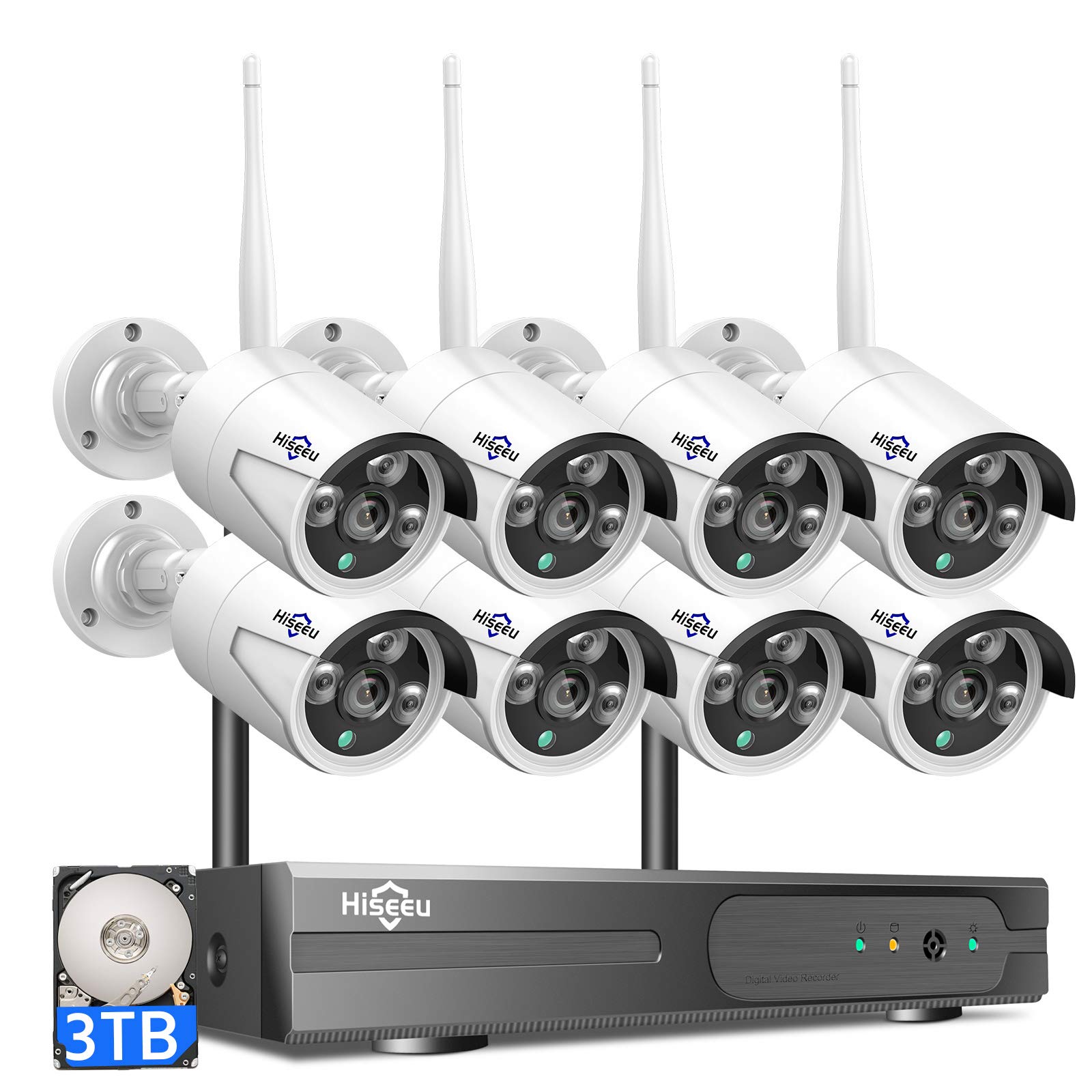 Hiseeu 2K Wireless Security Camera System, 10CH NVR Kit,8Pcs 3MP WiFi Surveillance Cameras for Home Indoor/Outdoor Use,Night Vision,Waterproof, Motion Detection, 3TB Hard Drive and DC Power Included Fixed System with 3TB HDD