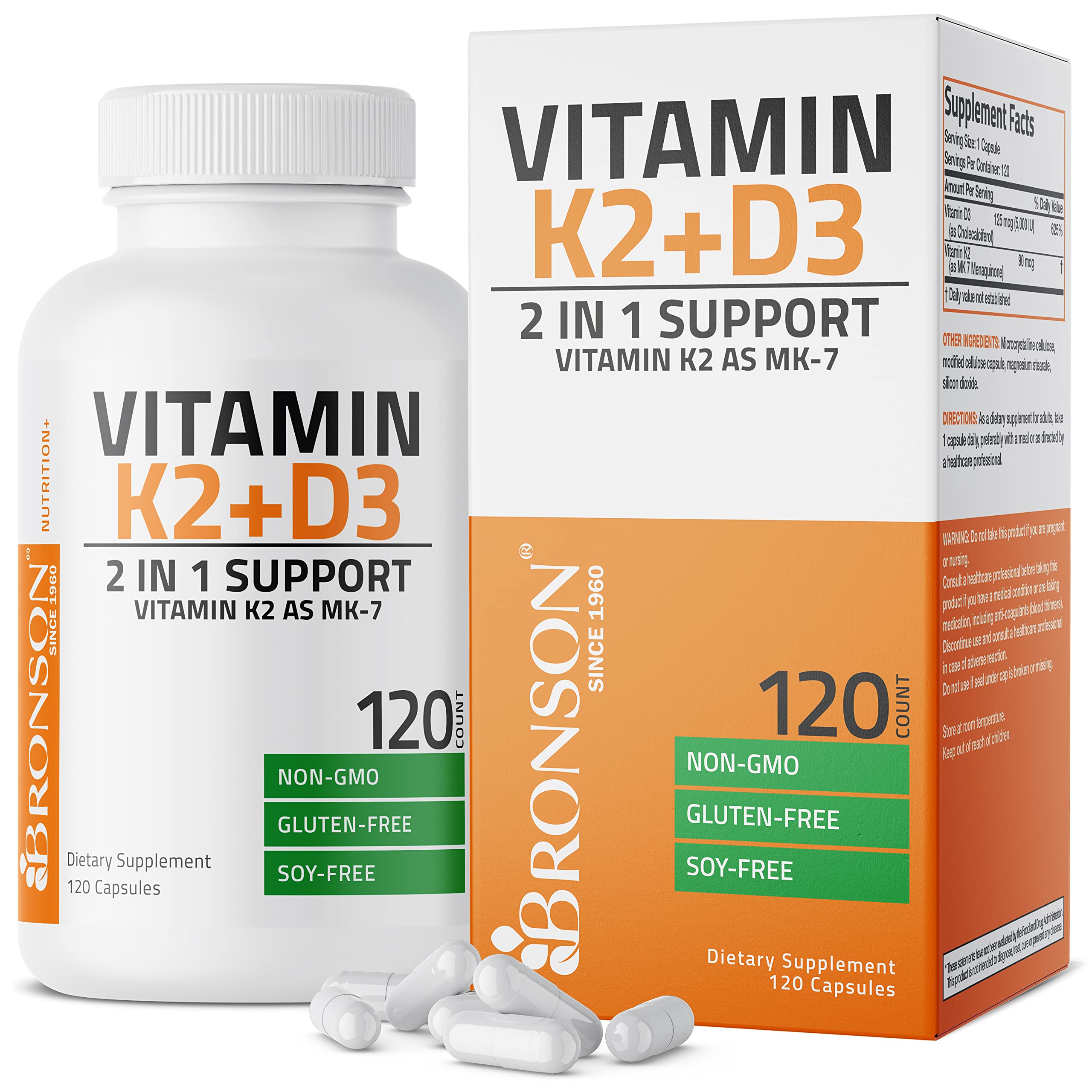 Bronson Vitamin K2 (MK7) with D3 Supplement Non-GMO Formula 5000 IU Vitamin D3 & 90 mcg Vitamin K2 MK-7 Easy to Swallow Vitamin D & K Complex, 120 Capsules 120 Count (Pack of 1)