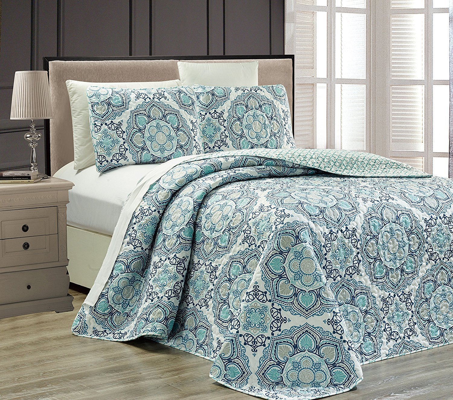 Book Cover Mk Collection 3pc King Oversize Reversible Quilted Bedspread Set Floral Light Blue White Gray Navy Blue New