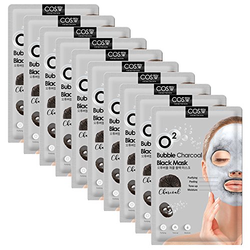 COS.W Charcoal O2 Bubble Face Mask (10 Sheets) Moisturizes, Tones and Purifies