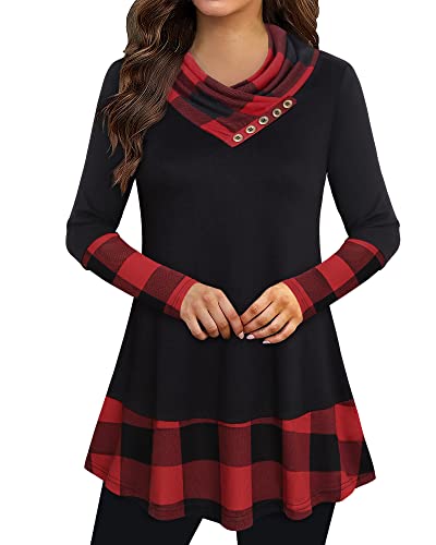 Cowl Neck Tunics Long Sleeve Patchwork Form Fitting Casual A-Line Top Blouse