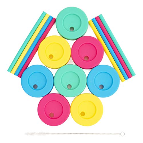 Regular Mouth Lids + Straws (Pink, Teal, Yellow & Blue, 8 Pack)