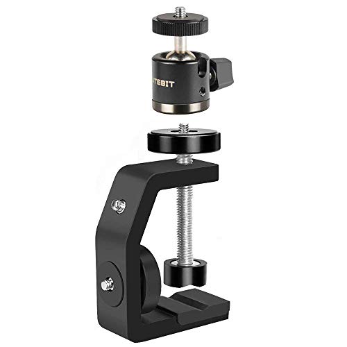 UTEBIT C Clamp with Tripod Head, Adjustable Camera Clamp Mount Set for Desktop, 360 Degree Swivel Mini Ball Head with Hot Shoe and 1/4 Screw, Compatible for Desks Home Woodworking
