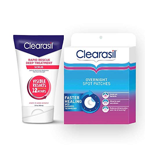 Book Cover Clearasil Ultra Acne Control Kit- Rapid Action Maximum Strength Face Scrub (5 oz.) & Overnight Spot Patches (18 Count), Salicylic Acid Acne Treatment for Visibly Clearer Skin in 12 Hours, 1 Each