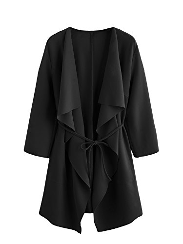 Romwe Women's Raw Cut Hem Waterfall Collar Long Sleeve Wrap Trench Pea Coat Cardigan