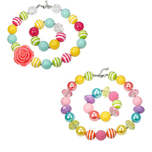 FINREZIO 2 Pairs Cute Chunky Bubblegum Necklace and Bracelet set for Girls (Style A: 2 Pairs for Your Princess)