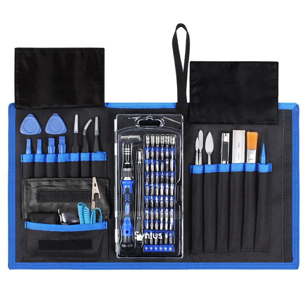 Syntus Electronic Repair Tool Kit with Magnetic Driver Kit, 80 in 1 Professional Precision Screwdriver Set with Portable Pouch for iPhone, iPad, MacBook, Gaming Console, Controller, Black and Blue