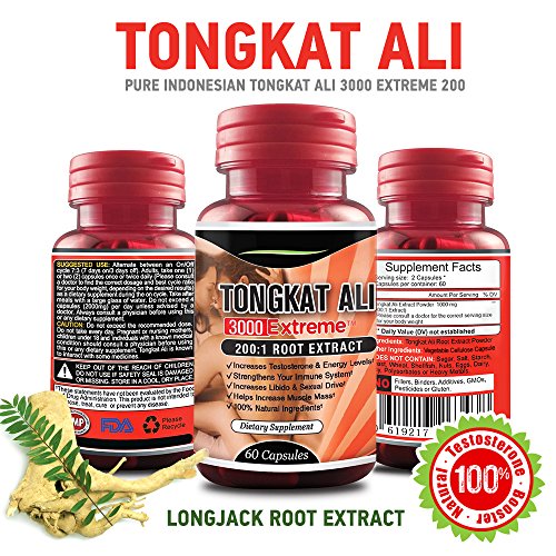 Tongkat Ali EXTREME Longjack Extract - 3000 mg Maximum Strength Long Jack 200:1 Root Extract - Testosterone Booster 60 Vegetarian Supplement - Natural Stamina Booster Capsules