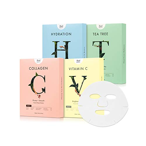 Book Cover Rael Bamboo Face Sheet Mask, Variety Pack, Gift Set, (5 Hydration, 5 Vitamin C, 5 Collagen, 5 Tea Tree, 20 Sheets)
