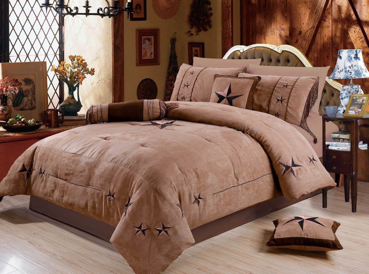 Book Cover Rustic 7 Piece Luxury Beautiful Embroidery Western Texas Lone Star Lodge Oversize Micro Suede Comforter Set Light Dark Brown Bedding Set in California King Texas Star (Cal-King)