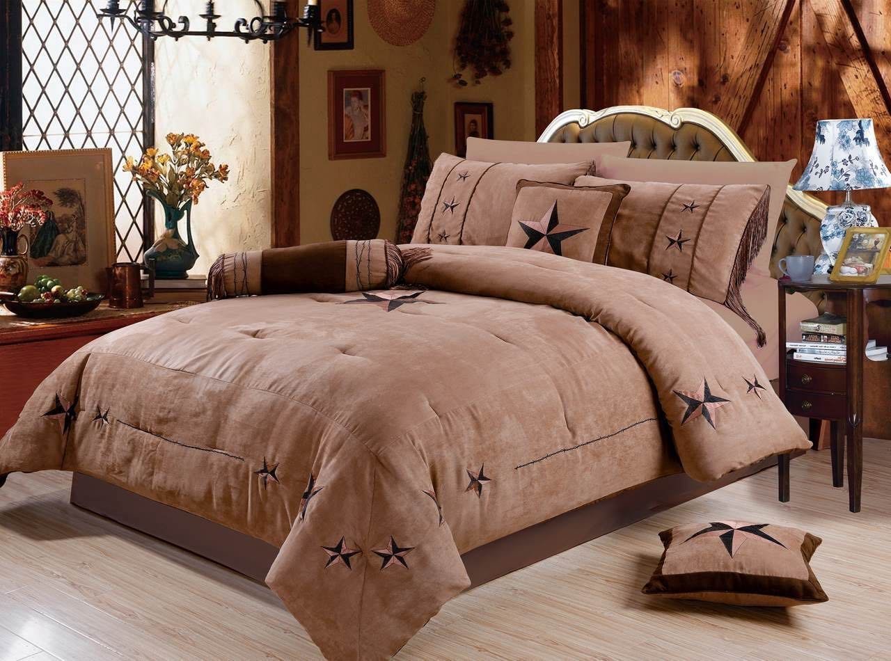 Rustic 7 Piece Luxury Beautiful Embroidery Western Texas Lone Star Lodge Oversize Micro Suede Comforter Set Light Dark Brown Bedding Set in California King Texas Star (Cal-King)