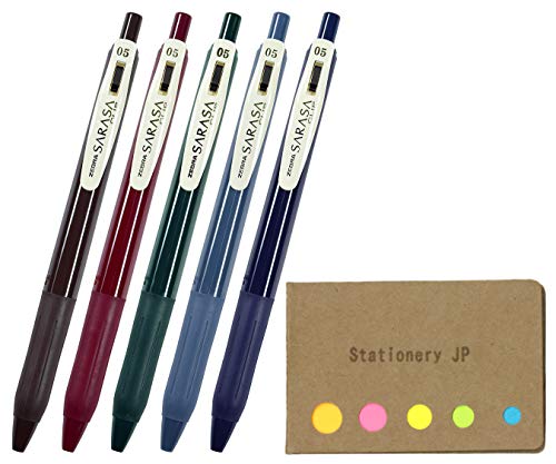 Zebra Sarasa Clip 0.5 Retractable Gel Ink Pen, Rubber Grip, 0.5 mm, Vintage Colors, 5 Color Ink, Sticky Notes Value Set
