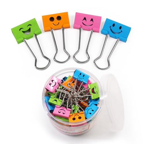 25mm Foldback Clips,Coideal Coloured Metal Paper Binder Clips Medium with Cute Lovely Hollow Smiling Face/Multi Color Photo File Picture Bag Clip Clamp Holder for Office Home Kitchen(1 Inch, 48 Pack)
