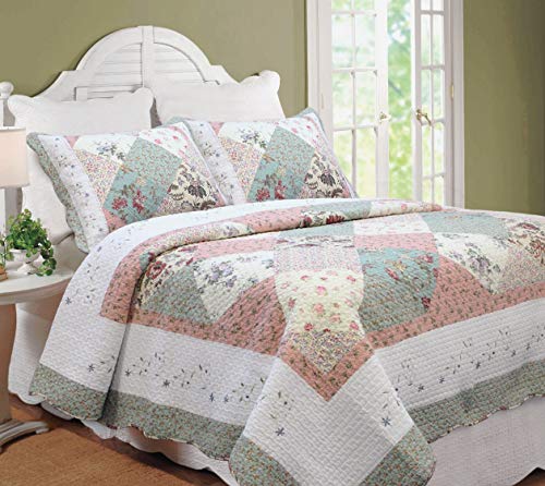 Book Cover Cozy Line Home Fashions Floral Real Patchwork Tiffany Green Peach Scalloped Edge Country 100% Cotton Quilt Bedding Set, Reversible Coverlet Bedspread for Women (Celia, Queen - 3 Piece)