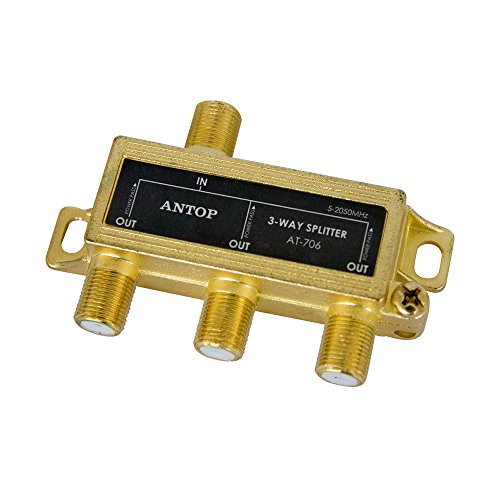 ANTOP Low-Loss 3 Way Coaxial Splitter for TV Antenna and Satellite 18K Gold-Plated Chassis 2GHz - 5-2050MHz All Port DC Power Passing