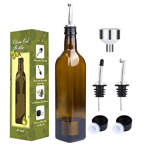 Aozita 17oz Glass Olive Oil Bottle Set - 500ml Dark Brown Oil & Vinegar Cruet with Pourers and Funnel - Decanter for Kitchen