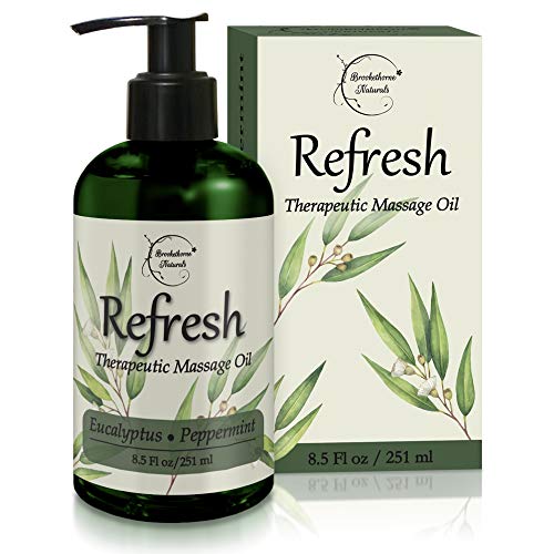 Refresh Massage Oil with Eucalyptus & Peppermint Essential Oils - Great for Massage Therapy. Stress Relief & All Natural Muscle Relaxer. Ideal for Full Body Massage - Nut Free Formula 8.5oz