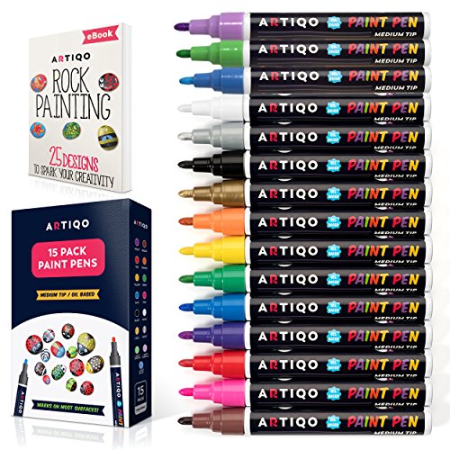 Book Cover Paint pens for rock painting - Wood, Glass, Metal and Ceramic Works on almost all surfaces set of 15 Vibrant Medium tip Oil Paint Marker Pens, Quick Dry, Water Resistant