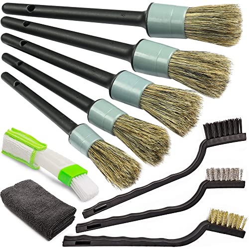 TAKAVU Boar Hair Detailing Brush Set, 5pcs Detail Brushes, 3pcs Wire Brush, Air Conditioner Brush & Microfiber Towel for Cleaning Engine, Wheel, Interior, Air Vent, Emblem, Car, Motorcycle #5