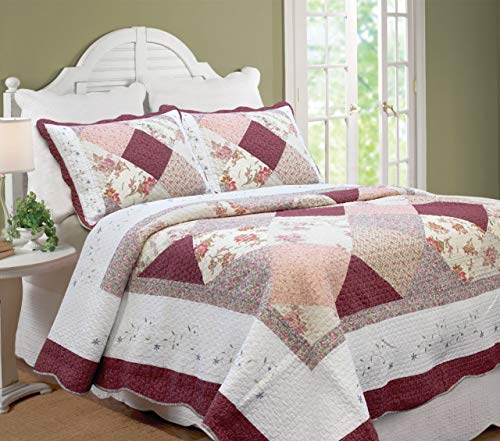 Book Cover Cozy Line Home Fashions Floral Real Patchwork Burgundy Red Coral Pink Scalloped Edge Country 100% Cotton Quilt Bedding Set, Reversible Coverlet Bedspread (Georgia, Queen - 3 Piece)