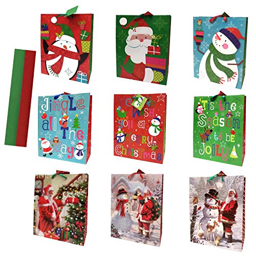 Christmas Large Gift Bags with Tissue - 10 Pc Set