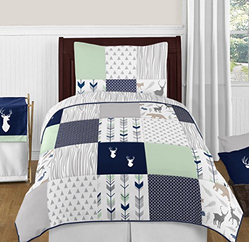 Sweet Jojo Designs Navy Blue, Mint and Grey Woodsy Deer Boys 4 Piece Kids Childrens Twin Bedding Set