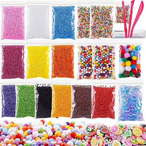 Book Cover Foam Beads for DIY Craft, Slime Beads 19 Packs Approx 61,100 PCS, Styrofoam with Pom Poms Balls, Loom Bands and Fruits Pieces for Soft Toys Clay, Homemade Crunchy Slime and DIY Nail Art