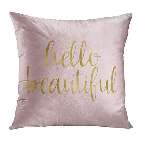 Book Cover Emvency Decorative Throw Pillow Cover Square Polyester 20 x 20 Inch Cushion Pillowcase Pink Gold Watercolor Hello Beautiful Decorative Pillow Case Girly Home Decor