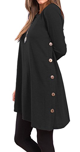 Halife Women's Casual Round Neck Long Sleeve Oblique Hem Side Button Tunic Tops