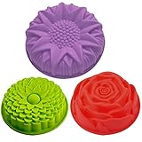 3 Pack Flower Shape Silicone Cake Bread Pie Flan Tart Molds, SENHAI Large Round Sunflower Chrysanthemum Rose Shape Non-Stick Baking Trays for Birthday Party DIY - Yellow,Red,Purple
