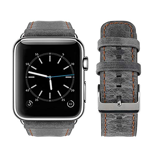 top4cus Compatible with 42mm/44mm Genuine Leather Band iwatch Strap Apple Watch Series 6 Series SE Series 5 Series 4 Series 3/2/1 and Sport Edition, Stainless Metal Clasp (42mm, Retro Grey)