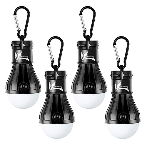 Book Cover DealBang LED Tent Light Bulb with Clip Hooks, Small But Bright 150 Lumens LED Hanging Night Light for Kids, Battery Powered Gear Light Bulb (Black,4-Pcs)