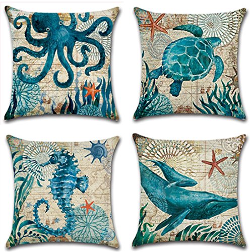 Book Cover ULOVE LOVE YOURSELF Mediterranean Style Throw Pillow Case Sea Theme Decorative Square Cotton Linen Coastal Cushion Cover for 18 X 18 Inch Pillow Inserts, 4Pack Nautical Pillow Covers