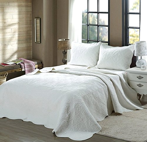 Book Cover Cozy Line Home Fashions 100% COTTON Victorian Embossed Medallion Solid White Bedding Quilt Set, Reversible Coverlet, Bedspread For Bedroom Guestroom (Blantyre - White, Queen - 3 piece)