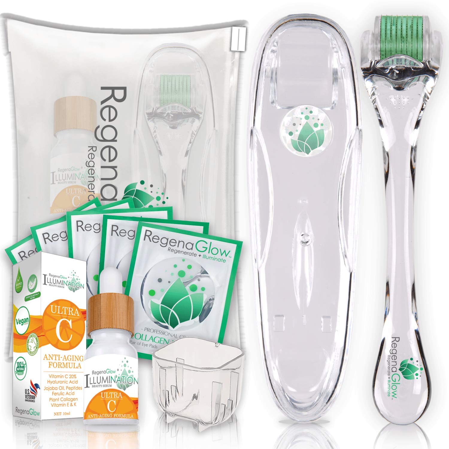 Derma Roller for Face and body - .25mm Microneedle Kit - 540 Titanium Micro Needles - Includes Free Storage Case, Disinfectant Cup, Vitamin C serum, Bag and E-Book