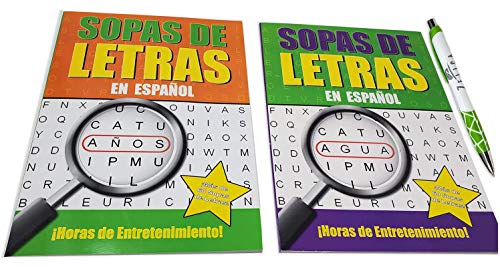 Book Cover 2 Pack - Spanish Word Search Book Jumbo, 80 Page Each Easy-to-See Full Page Seek & Circle, Sopas de Letras with Zelica Pen