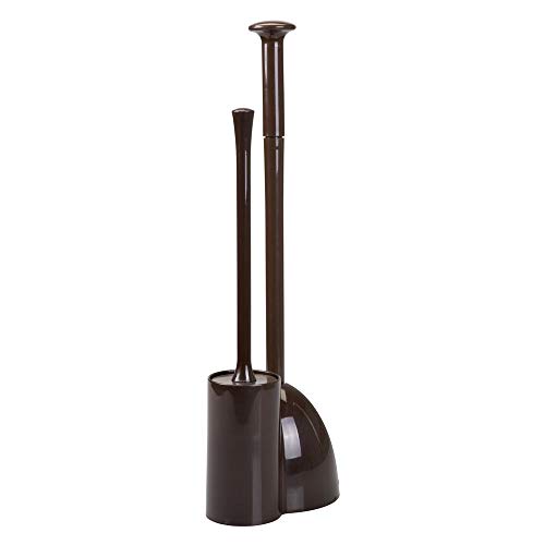 Book Cover mDesign Modern Slim Compact Freestanding Plastic Toilet Bowl Brush Cleaner and Plunger Combo Set Kit with Holder Caddy for Bathroom Storage and Organization - Covered Lid Brush - Dark Brown