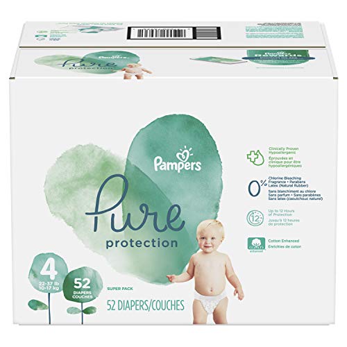 Book Cover Diapers Size 4, 52 Count - Pampers Pure Protection Disposable Baby Diapers, Hypoallergenic and Unscented Protection, Super Pack (Old Version)
