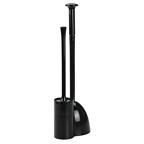 Book Cover mDesign Modern Slim Compact Freestanding Plastic Toilet Bowl Brush Cleaner and Plunger Combo Set Kit with Holder Caddy for Bathroom Storage and Organization - Covered Lid Brush - Black