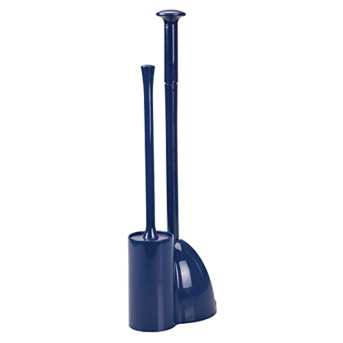 Book Cover mDesign Modern Slim Compact Freestanding Plastic Toilet Bowl Brush Cleaner and Plunger Combo Set Kit with Holder Caddy for Bathroom Storage and Organization - Covered Lid Brush - Navy Blue