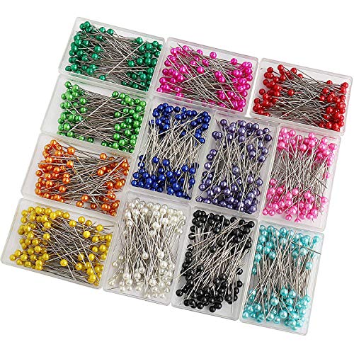 SUBANG 1200 Pieces Sewing Pins 38mm Multicolor Pearlized Head Pins for Dressmaking Jewelry Components Flower Decoration with Transparent Cases, 12 Colors