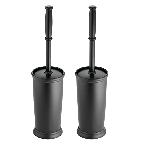 mDesign Compact Freestanding Plastic Toilet Bowl Brush and Holder for Bathroom Storage and Organization - Space Saving, Sturdy, Deep Cleaning, Covered Brush - 2 Pack - Black
